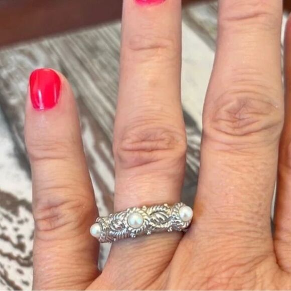 *Judith Ripka* 🌺COQUETTE🌺 Sz 6.75 925 SS Wrapped-Pearl Triple Cable Band Ring - Picture 5 of 13